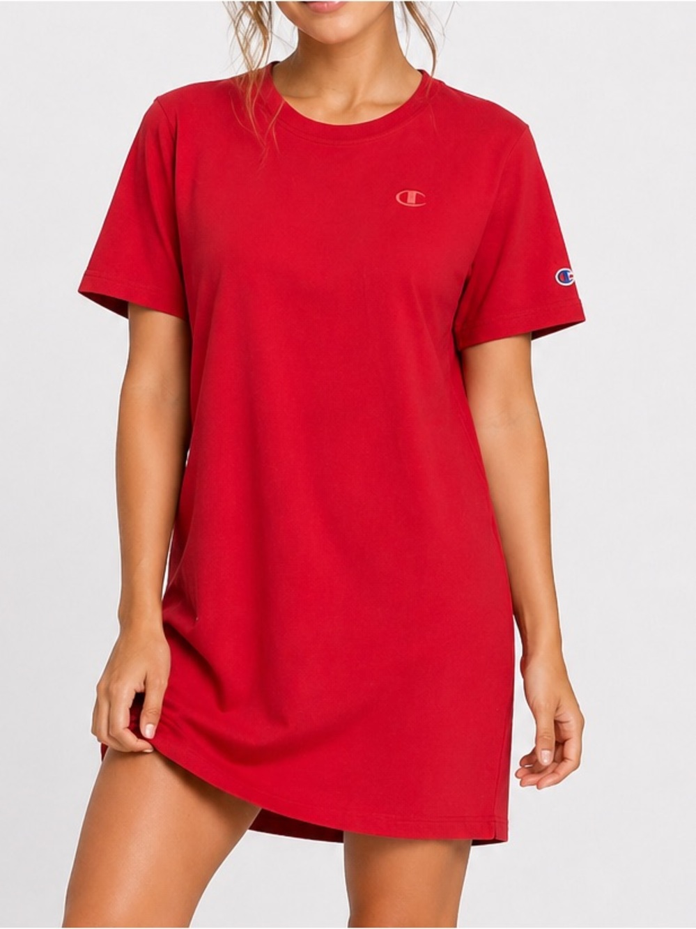 Champion T-Shirt Dress Women’s Red Logo Tee Dress Short Sleeve Casual Athleisure